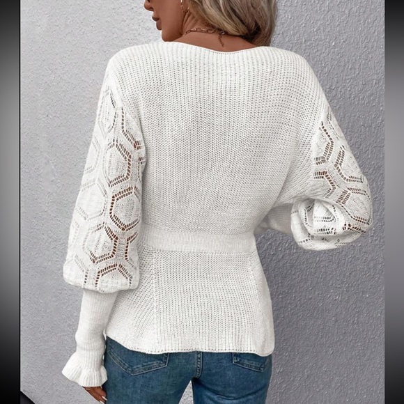 Sheer Mesh Lace Cuff Long Sleeve V -Neck Sweater Top - Picture 10 of 16